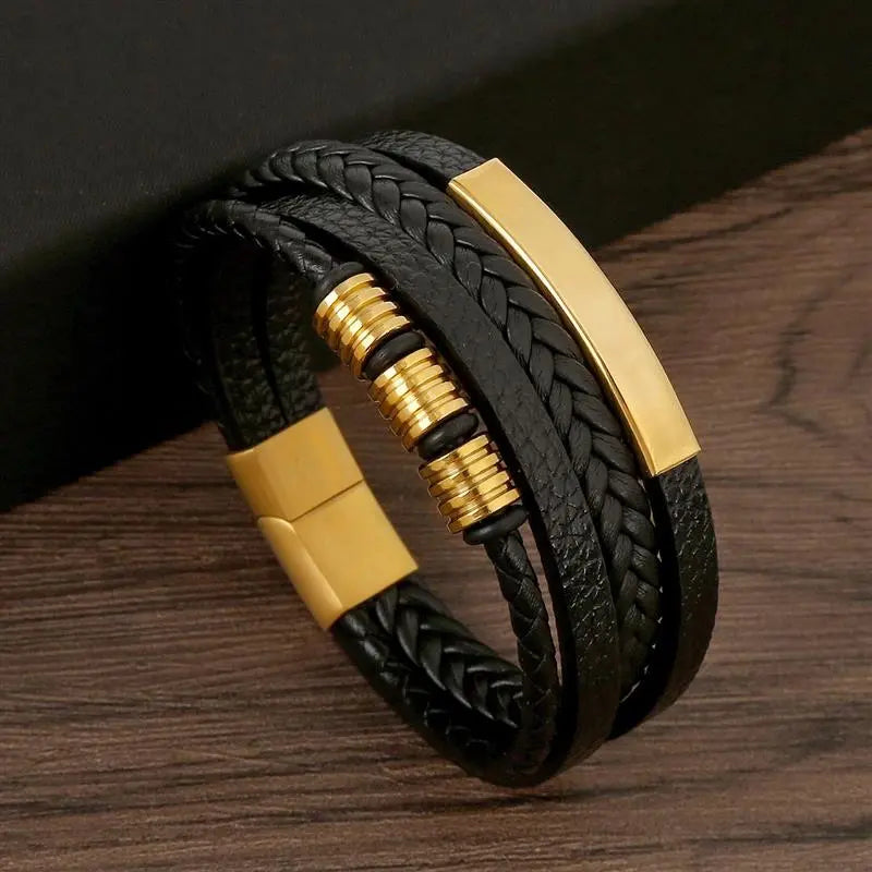 Pulseira Masculina de Couro Clássica Safety - Acessório Fashion com Design Trançado e Camadas Múltiplas